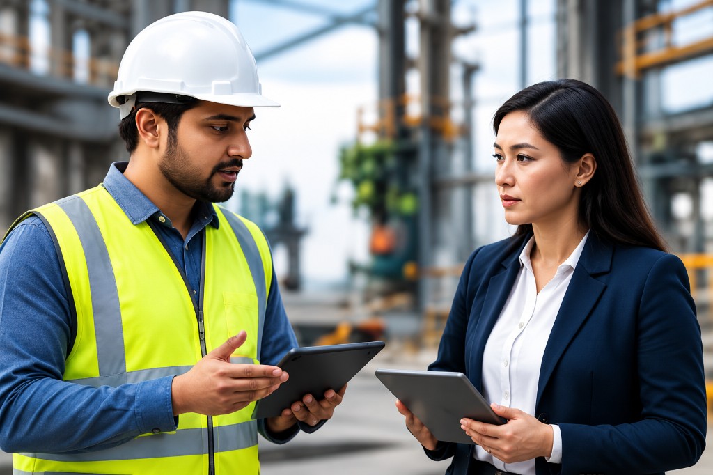 Consultant and operations lead reviewing plans at an industrial site