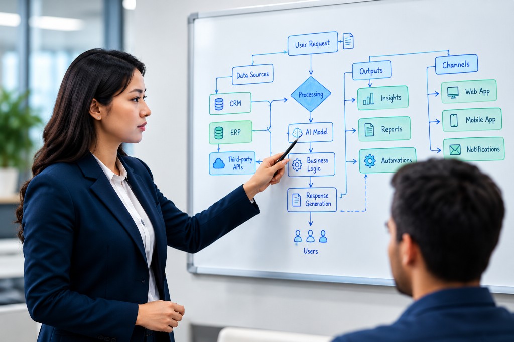 Team brainstorming an AI workflow on a whiteboard