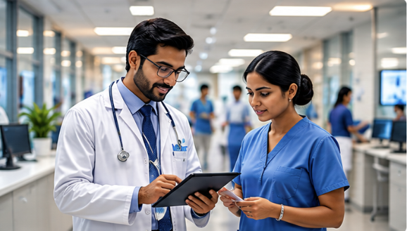 Doctor and nurse reviewing a tablet in a hospital corridor