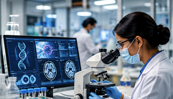Lab scientist at a microscope with medical analytics on a monitor