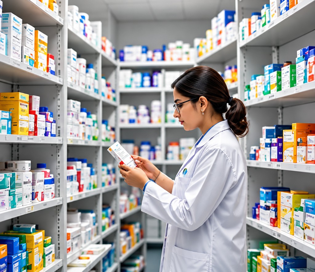 Pharmacist inspecting a medicine box in pharmacy stockroom