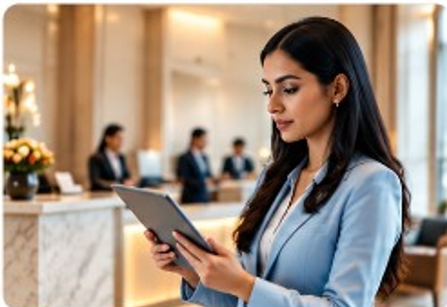 Front desk staff using a tablet in a hotel lobby