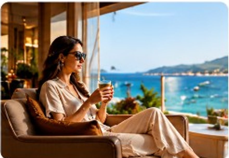 Guest relaxing with a coastal view from the hotel
