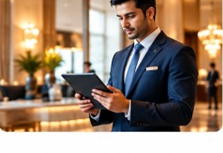Hotel manager reviewing operations on a tablet in the lobby