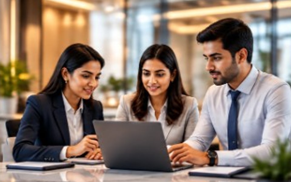 Team collaborating on AI solutions in an office