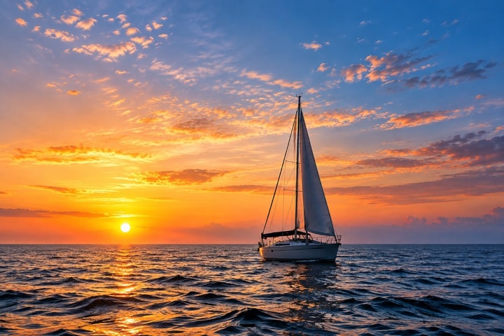 Sailboat at sunset on calm water