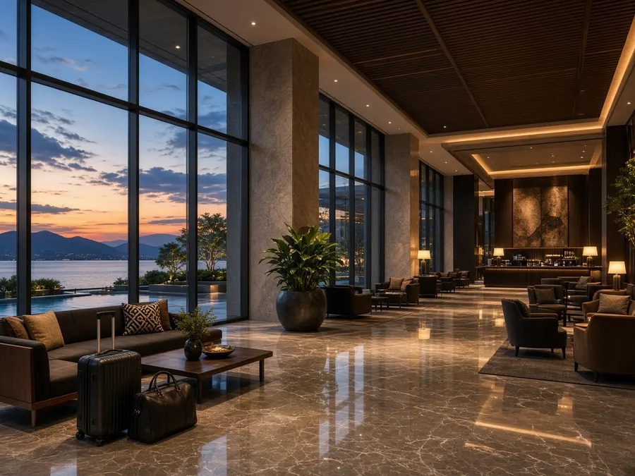 Luxury hotel lobby at sunset