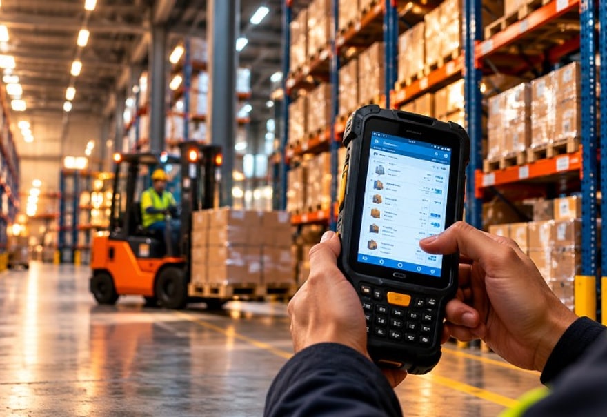 Worker scanning inventory with a handheld device in a warehouse