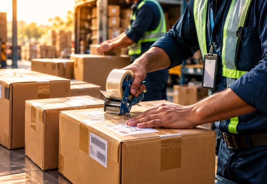 Warehouse worker sealing packages for shipment