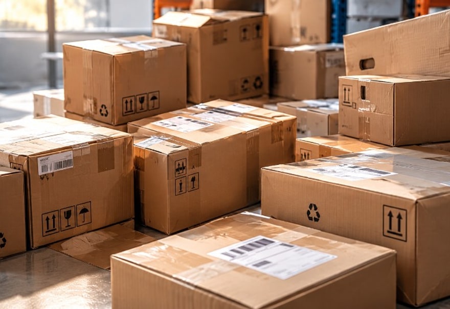 Stacked shipping boxes in a distribution warehouse