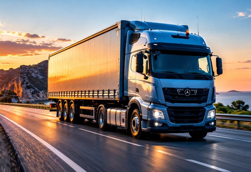 Semi-truck on a highway at sunset