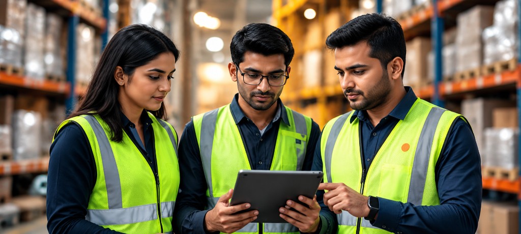 Warehouse team reviewing logistics data on a tablet