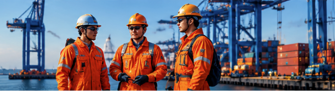 Port crew in safety gear at a container terminal