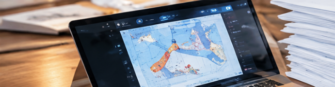 Digital maritime charts and documentation on a laptop