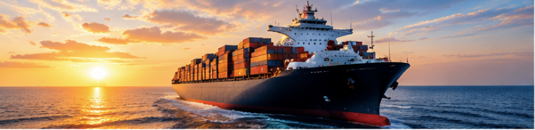 Container ship sailing at sunset