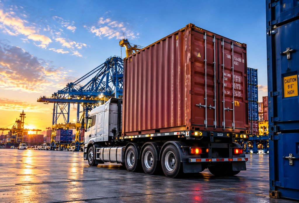 Truck with container at a port gate