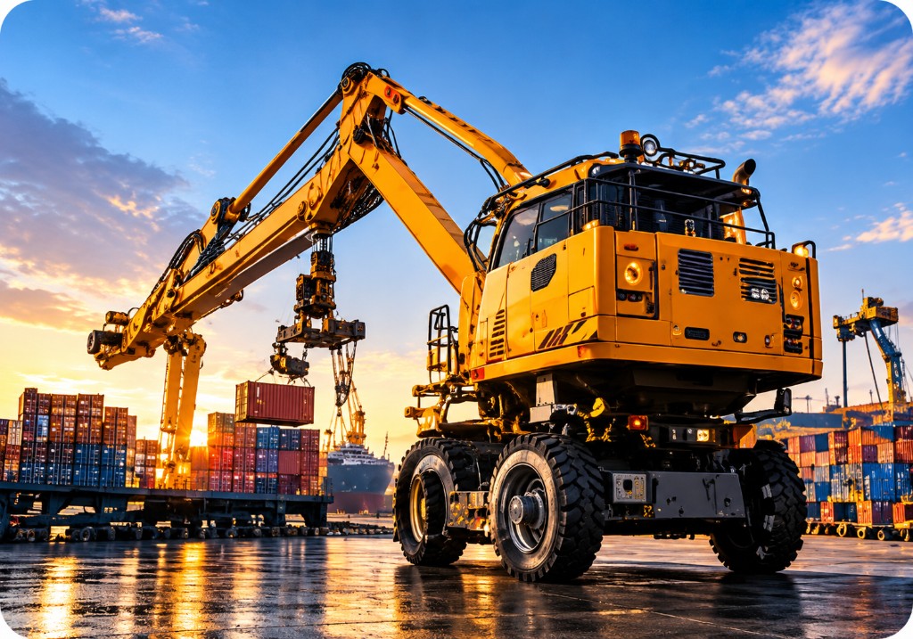 Container handler at a port during sunset