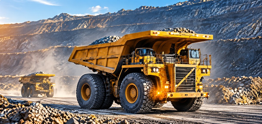 Haul trucks at an open-pit mine