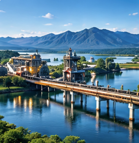 Industrial infrastructure alongside a lake and mountain landscape