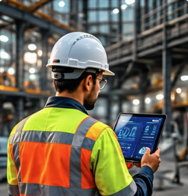 Engineer monitoring operations on a tablet inside an industrial plant