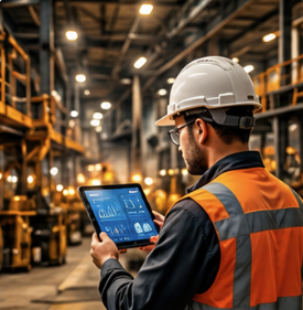 Operator in safety gear reviewing data on a tablet in a warehouse