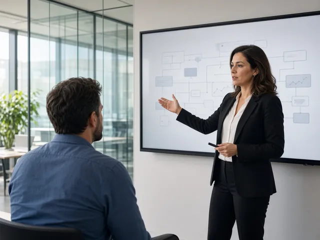 Team reviewing AI strategy on a digital whiteboard