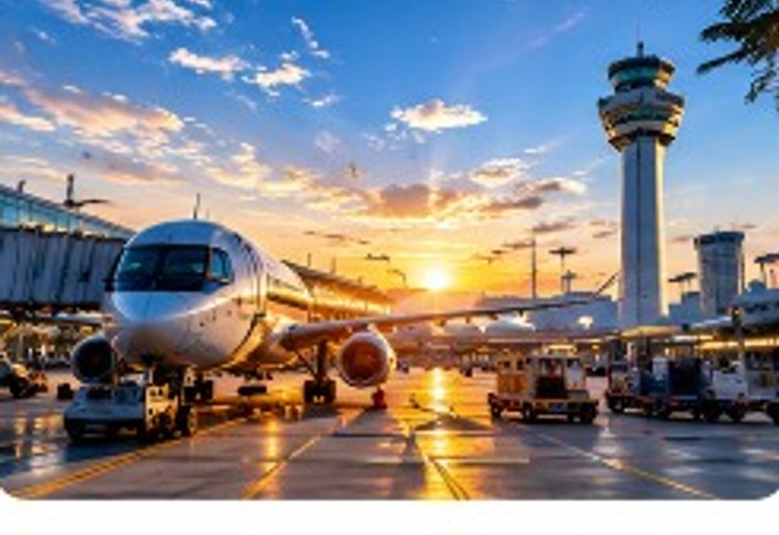 Aircraft on a runway at sunset with control tower