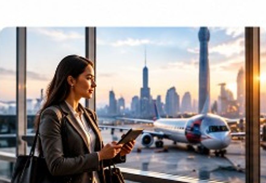 Traveller at an airport terminal with city skyline view